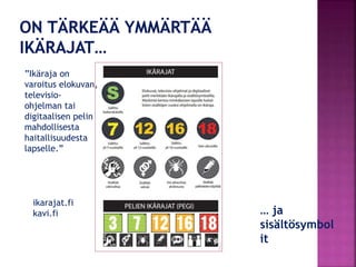 ”Ikäraja on
varoitus elokuvan,
televisio-
ohjelman tai
digitaalisen pelin
mahdollisesta
haitallisuudesta
lapselle.”
… ja
sisältösymbol
it
ikarajat.fi
kavi.fi
 