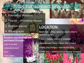 Props that represent friendship: 
1. Friendship Bracelets 
2. Flower – friendship flower 
3. Knitted scarves 
4. Photographs 
LOCATION: 
Bedroom – they were in each other’s 
comfort zone 
Field – happy memory created 
Abandoned Farm – burn the photos 
Under the bridge – secret location 
Chalk pits – performance based location 
Emotion and feelings are 
portrayed through: 
-use of smoke 
-coloured power 
-Fire 
-Fairy lights 
 