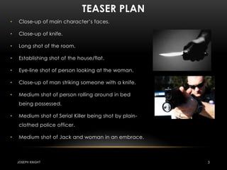 Teaser PlanClose-up of main character’s faces.Close-up of knife.Long shot of the room.Establishing shot of the house/flat.Eye-line shot of person looking at the woman.Close-up of man striking someone with a knife.Medium shot of person rolling around in bed being possessed.Medium shot of Serial Killer being shot by plain-clothed police officer.Medium shot of Jack and woman in an embrace.Joseph knight3