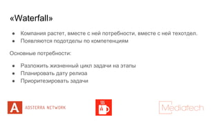 «Waterfall»
● Компания растет, вместе с ней потребности, вместе с ней техотдел.
● Появляются подотделы по компетенциям
Основные потребности:
● Разложить жизненный цикл задачи на этапы
● Планировать дату релиза
● Приоритезировать задачи
 