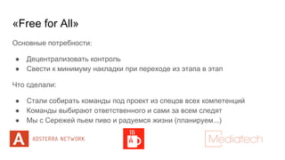 «Free for All»
Основные потребности:
● Децентрализовать контроль
● Свести к минимуму накладки при переходе из этапа в этап
Что сделали:
● Стали собирать команды под проект из спецов всех компетенций
● Команды выбирают ответственного и сами за всем следят
● Мы с Сережей пьем пиво и радуемся жизни (планируем...)
 