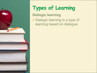Types of LearningDialogic learningDialogic learning is a type of learning based on dialogue.
