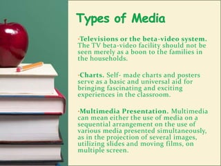 Types of MediaTelevisions or the beta-video system.  The TV beta-video facility should not be seen merely as a boon to the families in the households.