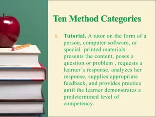 Ten Method CategoriesDiscussion. As a method, discussion involves the exchange of ideas and opinions among students or among students and teacher.Drill-and-practice. In drill-and-practice learners are led through a series of practice exercises designed to increase fluency in a new skill or to refresh an existing one.