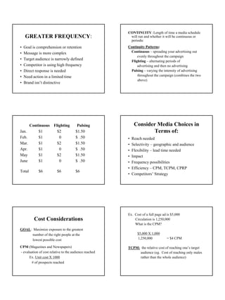 CONTINUITY: Length of time a media schedule
    GREATER FREQUENCY:                                   will run and whether it will be continuous or
                                                         periodic
•   Goal is comprehension or retention                  Continuity Patterns:
•   Message is more complex                              Continuous – spreading your advertising out
                                                              evenly throughout the campaign
•   Target audience is narrowly defined                   Flighting – alternating periods of
•   Competitor is using high frequency                        advertising and then no advertising
•   Direct response is needed                             Pulsing – varying the intensity of advertising
•   Need action in a limited time                             throughout the campaign (combines the two
                                                              above)
•   Brand isn’t distinctive




        Continuous     Flighting        Pulsing              Consider Media Choices in
Jan.         $1          $2            $1.50                         Terms of:
Feb.         $1           0            $ .50            •   Reach needed
Mar.         $1          $2            $1.50            •   Selectivity – geographic and audience
Apr.         $1           0            $ .50            •   Flexibility – lead time needed
May          $1          $2            $1.50            •   Impact
June         $1           0            $ .50            •   Frequency possibilities
                                                        •   Efficiency – CPM, TCPM, CPRP
Total        $6           $6           $6
                                                        •   Competitors’ Strategy




                                                        Ex. Cost of a full page ad is $5,000
          Cost Considerations                               Circulation is 1,250,000
                                                            What is the CPM?
GOAL: Maximize exposure to the greatest
      number of the right people at the                        $5,000 X 1,000
      lowest possible cost                                     1,250,000          = $4 CPM

CPM (Magazines and Newspapers)                          TCPM: the relative cost of reaching one’s target
- evaluation of cost relative to the audience reached        audience (eg. Cost of reaching only males
      Ex. Unit cost X 1000                                   rather than the whole audience)
        # of prospects reached




                                                                                                           2
 