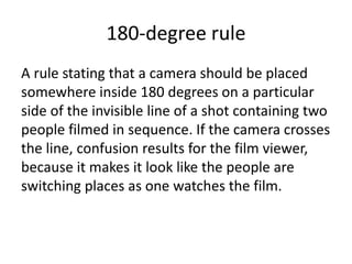 180-degree rule 
A rule stating that a camera should be placed 
somewhere inside 180 degrees on a particular 
side of the invisible line of a shot containing two 
people filmed in sequence. If the camera crosses 
the line, confusion results for the film viewer, 
because it makes it look like the people are 
switching places as one watches the film. 
