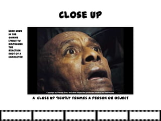 Close up
Used here
in The
Shining
(1980) to
emphasise
the
reaction
shot of a
character




            A close up tightly frames a person or object
 