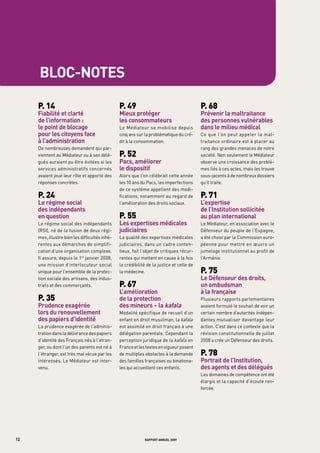 bloc-notes

     p. 14                                      p. 49                                      p. 68
     fiabilité et clarté                        mieux protéger                             prévenir la maltraitance
     de l’information :                         les consommateurs                          des personnes vulnérables
     le point de blocage                        Le Médiateur se mobilise depuis            dans le milieu médical
     pour les citoyens face                     cinq ans sur la problématique du cré-      Ce que l’on peut appeler la mal-
     à l’administration                         dit à la consommation.                     traitance ordinaire est à placer au
     De nombreuses demandent qui par-                                                      rang des grandes menaces de notre
     viennent au Médiateur ou à ses délé-       p. 52                                      société. Non seulement le Médiateur
     gués auraient pu être évitées si les       pacs, améliorer                            observe une croissance des problè-
     services administratifs concernés          le dispositif                              mes liés à ces actes, mais les trouve
     avaient joué leur rôle et apporté des      Alors que l’on célébrait cette année       sous-jacents à de nombreux dossiers
     réponses concrètes.                        les 10 ans du Pacs, les imperfections      qu’il traite.
                                                de ce système appellent des modi-
     p. 24                                      fications, notamment au regard de          p. 71
     le régime social                           l’amélioration des droits sociaux.         l’expertise
     des indépendants                                                                      de l’institution sollicitée
     en question                                p. 55                                      au plan international
     Le régime social des indépendants          les expertises médicales                   Le Médiateur, en association avec le
     (RSI), né de la fusion de deux régi-       judiciaires                                Défenseur du peuple de l’Espagne,
     mes, illustre bien les difficultés inhé-   La qualité des expertises médicales        a été choisi par la Commission euro-
     rentes aux démarches de simplifi-          judiciaires, dans un cadre conten-         péenne pour mettre en œuvre un
     cation d’une organisation complexe.        tieux, fait l’objet de critiques récur-    jumelage institutionnel au profit de
     Il assure, depuis le 1er janvier 2008,     rentes qui mettent en cause à la fois      l’Arménie.
     une mission d’interlocuteur social         la crédibilité de la justice et celle de
     unique pour l’ensemble de la protec-       la médecine.                               p. 75
     tion sociale des artisans, des indus-                                                 le défenseur des droits,
     triels et des commerçants.                 p. 67                                      un ombudsman
                                                l’amélioration                             à la française
     p. 35                                      de la protection                           Plusieurs rapports parlementaires
     prudence exagérée                          des mineurs – la kafala                    avaient formulé le souhait de voir un
     lors du renouvellement                     Modalité spécifique de recueil d’un        certain nombre d’autorités indépen-
     des papiers d’identité                     enfant en droit musulman, la kafala        dantes mutualiser davantage leur
     La prudence exagérée de l’adminis-         est assimilé en droit français à une       action. C’est dans ce contexte que la
     tration dans la délivrance des papiers     délégation parentale. Cependant la         révision constitutionnelle de juillet
     d’identité des Français nés à l’étran-     perception juridique de la kafala en       2008 a crée un Défenseur des droits.
     ger, ou dont l’un des parents est né à     France et les textes en vigueur posent
     l’étranger, est très mal vécue par les     de multiples obstacles à la demande        p. 78
     intéressés. Le Médiateur est inter-        des familles françaises ou binationa-      portrait de l’institution,
     venu.                                      les qui accueillent ces enfants.           des agents et des délégués
                                                                                           Les domaines de compétence ont été
                                                                                           élargis et la capacité d’écoute ren-
                                                                                           forcée.




12                                                           rapport annuel 2009
 