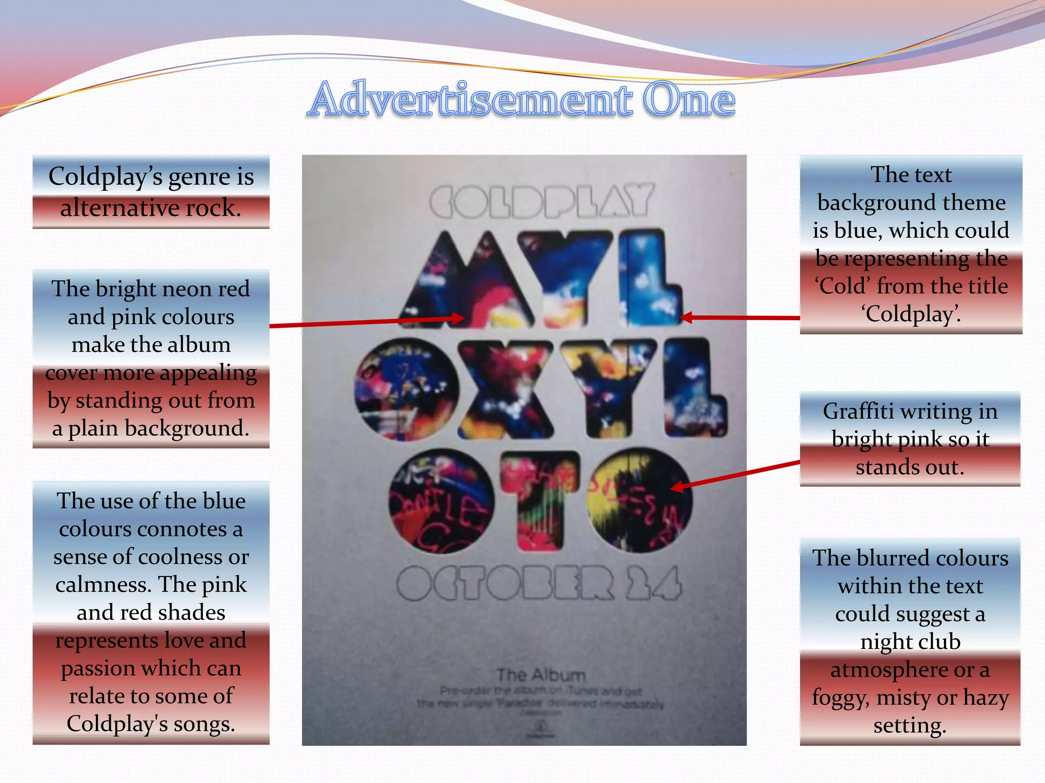 Advertisement OneThe text background theme is blue, which could be representing the ‘Cold’ from the title ‘Coldplay’.Coldplay’s genre is alternative rock.The bright neon red and pink colours make the album cover more appealing by standing out from a plain background.Graffiti writing in bright pink so it stands out.The use of the blue colours connotes a sense of coolness or calmness. The pink and red shades represents love and passion which can relate to some of Coldplay's songs.The blurred colours within the text could suggest a night club atmosphere or a foggy, misty or hazy setting.