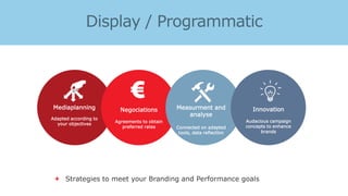 Mediaplanning
Adapted according to
your objectives
Negociations
Agreements to obtain
preferred rates
Measurment and
analyse
Connected on adapted
tools, data reflection
Innovation
Audacious campaign
concepts to enhance
brands

 