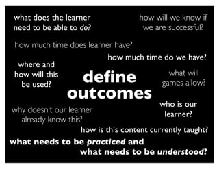 what does the learner               how will we know if
 need to be able to do?               we are successful?

 how much time does learner have?
                          how much time do we have?
  where and
 how will this
   be used?
                 deﬁne                   what will
                                       games allow?
                outcomes                   who is our
why doesn’t our learner                     learner?
  already know this?
                    how is this content currently taught?
what needs to be practiced and
                    what needs to be understood?
 