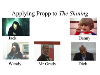 Applying Propp to The Shining
Jack Danny
Wendy Mr Grady Dick
 