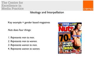 Ideology and Interpellation
Key example = gender based magazines
Nuts does four things:
1. Represents men to men.
2. Represents men to women.
3. Represents women to men.
4. Represents women to women.
 