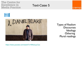 Text-Case 5
Types of Realism
Discourses
Ideology
Othering
Plural readings
https://www.youtube.com/watch?v=f4KbJLpu7yo
 