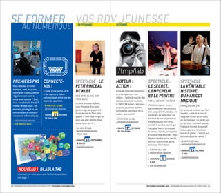 PREMIERS PAS
Vous débutez en infor-
matique, avez reçu une
tablette en cadeau, pestez
régulièrement contre
votre smartphone ? Bref,
vous avez besoin d’aide ?
Prenez rendez-vous ! Un
moment privilégié et per-
sonnalisé pour résoudre
vos soucis informatiques.
 MÉDIATHÈQUE ARAGON
 SUR RENDEZ-VOUS
CONNECTE-
MOI !
À l’aide d’une petite carte
et de capteurs, faites
communiquer entre eux les
objets du quotidien
 À PARTIR DE 12 ANS
 MÉDIATHÈQUE ARAGON
 SAMEDI 15 OCTOBRE
DE 15H À 18H
SPECTACLE : LE
PETIT PINCEAU
DE KLEE
CIE CARRÉ BLANC SUR
FOND BLEU
Le petit pinceau de Klee,
c’est l’histoire d’un petit
personnage de papier tiré
d’une œuvre de Paul Klee,
appelé « Petit Klee », qui ne
veut pas aller dormir et se
cache sous son lit...
 18 MOIS À 3 ANS
 MÉDIATHÈQUE MAISON
POUR TOUS
 SAMEDI 10 SEPTEMBRE
À 10H30
 SUR RÉSERVATION
MOTEUR !
ACTION !
Envie de bidouiller librement
et artistiquement vos
vidéos ? Après le succès des
ateliers autour de la photo,
le TMP/LAB remet ça et vous
propose plusieurs ateliers
simultanés pour faire de la
vidéo... autrement.
 À PARTIR DE 12 ANS
 MÉDIATHÈQUE ARAGON
 SAMEDI 1er
OCTOBRE
DE 15H À 18H
SPECTACLE :
LE SECRET,
L’EMPEREUR
ET LE PEINTRE
PAR LA CIE NAÏF THÉÂTRE
L’histoire repose sur un
secret dont on ne connaîtra
rien jusqu’à la fin. Un jour, un
roi décide de faire venir du
fin fond de son royaume un
simple paysan afin de lui
confier le terrible secret qui
l’accable. Mais il lui impose
le silence absolu, sous peine
d’avoir la tête tranchée ! Rien
de plus terrible qu’un secret,
surtout quand on le garde,
enfoui au fond de soi.
 À PARTIR DE 5 ANS
 MÉDIATHÈQUE ARAGON
 MERCREDI 5 OCTOBRE
À 16H
 SUR RÉSERVATION
SPECTACLE :
LA VÉRITABLE
HISTOIRE
DU HARICOT
MAGIQUE
FRANÇOIS VINCENT
La fameuse histoire que l’on
appelle «Jack et le haricot
magique» n’est qu’un tissu
de mensonges. La vérité sur
ce qui s’est vraiment passé,
François Vincent la connaît
mieux que tout le monde,
puisqu’il y était : c’est lui qui
est monté sur le haricot !
 À PARTIR DE 7 ANS
 MÉDIATHÈQUE GONDOLES
 SAMEDI 15 OCTOBRE
À 16H
 SUR RÉSERVATION
SE FORMERAU NUMÉRIQUE SEPTEMBRE
VOS RDV JEUNESSEOCTOBRE
BLABLA TAB
1 samedi par mois pour vous faciliter le quotidien : :
voir page 2
NOUVEAU !
10 / PROGRAMME DES MÉDIATHÈQUES DE CHOISY-LE-ROI / SEPTEMBRE À DÉCEMBRE 2016 SEPTEMBRE À DÉCEMBRE 2016 / PROGRAMME DES MÉDIATHÈQUES DE CHOISY-LE-ROI / 11
 