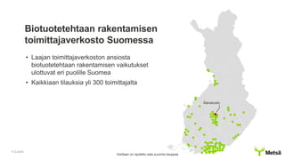 Biotuotetehtaan rakentamisen
toimittajaverkosto Suomessa
• Laajan toimittajaverkoston ansiosta
biotuotetehtaan rakentamisen vaikutukset
ulottuvat eri puolille Suomea
• Kaikkiaan tilauksia yli 300 toimittajalta
17.2.2016
Äänekoski
Karttaan on sijoitettu sata suurinta kauppaa
 