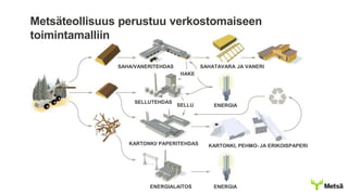 Metsäteollisuus perustuu verkostomaiseen
toimintamalliin
SAHA/VANERITEHDAS SAHATAVARA JA VANERI
SELLUTEHDAS
HAKE
SELLU ENERGIA
KARTONKI/ PAPERITEHDAS KARTONKI, PEHMO- JA ERIKOISPAPERI
ENERGIALAITOS ENERGIA
 