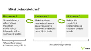 Miksi biotuotetehdas?
Alihankintaverkoston
kotimaisuus aste yli 70 % Biotuotekonsepti etenee
Ulottuvuus 1
Suunnitellaan ja
rakennetaan
maailman
modernein ja
tehokkain sellua
valmistava tehdas
Ulottuvuus 2
Maksimoidaan
puuraaka-aineesta
saatavissa oleva
lisäarvo kehittämällä
uusia biotuotteita
Ulottuvuus 3
Kehitetään
ympäröivä
liiketoimintaeko-
systeemi uudelle
tasolle
 