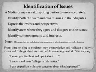 A Mediator may assist disputing parties to more accurately:
Identify both the overt and covert issues in their disputes.
Express their views and perspectives.
Identify areas where they agree and disagree on the issues.
Identify common ground and interests.
Note: This stage does not include reaching agreement or selecting options to resolve disputes.
From time to time a mediator may acknowledge and validate a party’s
views and feelings about an issue, while remaining neutral. S/he may say:
“I sense you feel hurt and upset about . . .”
“I understand your feelings in this matter.”
“I can empathize with your concerns about what happened.”
 