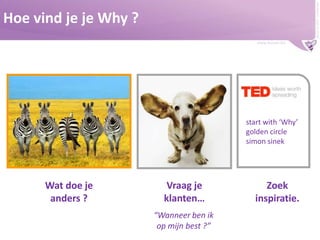 Buzzer © 2009 - confidential

Hoe vind je je Why ?
www.buzzer.biz

start with ‘Why’
golden circle
simon sinek

Wat doe je
anders ?

Vraag je
klanten…
“Wanneer ben ik
op mijn best ?”

Zoek
inspiratie.

 