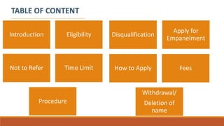 Introduction Eligibility
Not to Refer Time Limit
Procedure
Disqualification
Apply for
Empanelment
How to Apply Fees
Withdrawal/
Deletion of
name
 