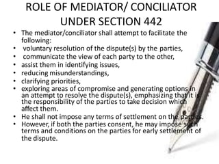 ROLE OF MEDIATOR/ CONCILIATOR
UNDER SECTION 442
• The mediator/conciliator shall attempt to facilitate the
following:
• voluntary resolution of the dispute(s) by the parties,
• communicate the view of each party to the other,
• assist them in identifying issues,
• reducing misunderstandings,
• clarifying priorities,
• exploring areas of compromise and generating options in
an attempt to resolve the dispute(s), emphasizing that it is
the responsibility of the parties to take decision which
affect them.
• He shall not impose any terms of settlement on the parties.
• However, if both the parties consent, he may impose such
terms and conditions on the parties for early settlement of
the dispute.
 