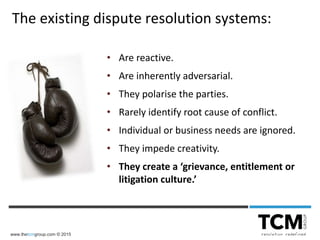 www.thetcmgroup.com © 2015
• Are reactive.
• Are inherently adversarial.
• They polarise the parties.
• Rarely identify root cause of conflict.
• Individual or business needs are ignored.
• They impede creativity.
• They create a ‘grievance, entitlement or
litigation culture.’
The existing dispute resolution systems:
 