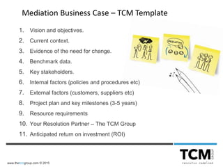 www.thetcmgroup.com © 2015
Mediation Business Case – TCM Template
1. Vision and objectives.
2. Current context.
3. Evidence of the need for change.
4. Benchmark data.
5. Key stakeholders.
6. Internal factors (policies and procedures etc)
7. External factors (customers, suppliers etc)
8. Project plan and key milestones (3-5 years)
9. Resource requirements
10. Your Resolution Partner – The TCM Group
11. Anticipated return on investment (ROI)
 