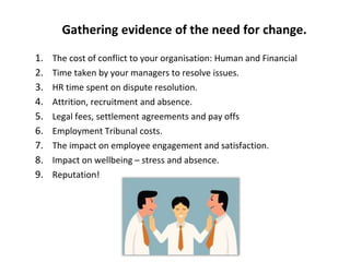 Gathering evidence of the need for change.
1. The cost of conflict to your organisation: Human and Financial
2. Time taken by your managers to resolve issues.
3. HR time spent on dispute resolution.
4. Attrition, recruitment and absence.
5. Legal fees, settlement agreements and pay offs
6. Employment Tribunal costs.
7. The impact on employee engagement and satisfaction.
8. Impact on wellbeing – stress and absence.
9. Reputation!
 