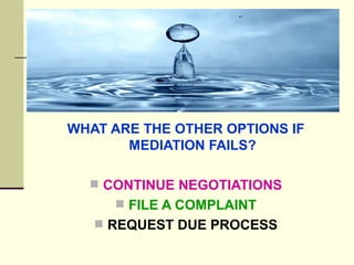 WHAT ARE THE OTHER OPTIONS IF MEDIATION FAILS? CONTINUE NEGOTIATIONS FILE A COMPLAINT REQUEST DUE PROCESS 
