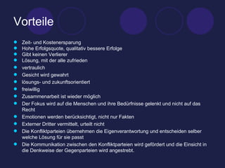 Vorteile Zeit- und Kostenersparung Hohe Erfolgsquote, qualitativ bessere Erfolge Gibt keinen Verlierer Lösung, mit der alle zufrieden vertraulich  Gesicht wird gewahrt  lösungs- und zukunftsorientiert  freiwillig  Zusammenarbeit ist wieder möglich  Der Fokus wird auf die Menschen und ihre Bedürfnisse gelenkt und nicht auf das Recht Emotionen werden berücksichtigt, nicht nur Fakten Externer Dritter vermittelt, urteilt nicht Die Konfliktparteien übernehmen die Eigenverantwortung und entscheiden selber welche Lösung für sie passt  Die Kommunikation zwischen den Konfliktparteien wird gefördert und die Einsicht in die Denkweise der Gegenparteien wird angestrebt.  