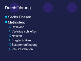 Durchführung Sechs Phasen Methoden: Reflexion  Verträge schließen Notizen Fragtechniken Zusammenfassung Ich-Botschaften 