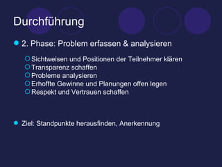 Durchführung 2. Phase: Problem erfassen & analysieren Sichtweisen und Positionen der Teilnehmer klären Transparenz schaffen Probleme analysieren Erhoffte Gewinne und Planungen offen legen Respekt und Vertrauen schaffen Ziel: Standpunkte herausfinden, Anerkennung 