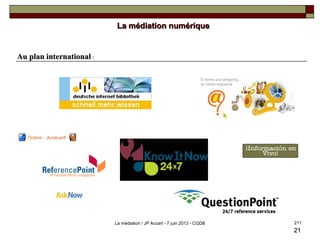 2121
Au plan internationalAu plan international ::
La médiation numériqueLa médiation numérique
211La médiation / JP Accart - 7 juin 2013 - CGDB
 