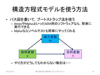 構造方程式モデルを使う方法
• パス図を書いて，ブートストラップ法を使う
– AmosやMplusといったSEM用のソフトウェアなら，簡単に
実行できる
– Mplusならソベルテストも簡単にやってくれる
– やり方がどうしてもわからない場合は・・・
説明変数
X
目的変数
Y
媒介変数
M
2015/10/31 第56回社会心理学会イブニングセッション 36
 