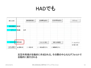 HADでも
2015/10/31 第56回社会心理学会イブニングセッション 52
交互作用項が自動的に作成される。その際の中心化もデフォルトで
自動的に実行される
 