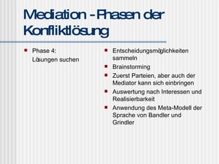 Mediation - Phasen der Konfliktlösung Phase 4: Lösungen suchen Entscheidungsmöglichkeiten sammeln Brainstorming Zuerst Parteien, aber auch der Mediator kann sich einbringen Auswertung nach Interessen und Realisierbarkeit Anwendung des Meta-Modell der Sprache von Bandler und Grindler 
