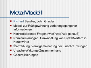 Meta-Modell Richard  Bandler, John Grinder Modell zur Rückgewinnung verlorengegangener Informationen Konkretisierende Fragen (wen?was?wie genau?) Nominalisierungen, Umwandlung von Prozeßwörtern in Hauptwörter Übertreibung, Verallgemeinerung bei Einschränkungen Ursache-Wirkungs-Zusammenhang Generalisierungen 