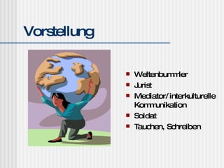 Vorstellung Weltenbummler Jurist Mediator/interkulturelle Kommunikation Soldat Tauchen, Schreiben 