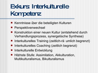 Exkurs: Interkulturelle Kompetenz Kenntnisse über die beteiligten Kulturen Perspektivenwechsel Konstruktion einer neuen Kultur (entstehend durch Verhandlungsprozess, synergetische Synthese) Interkulturelles Training (zeitlich-räumlich begrenzt) Interkulturelles Coaching (zeitlich begrenzt) Interkulturelle Entwicklung Höchste Stufe: Assimilation, Akkulturation, Multikulturalismus, Bikulturalismus 