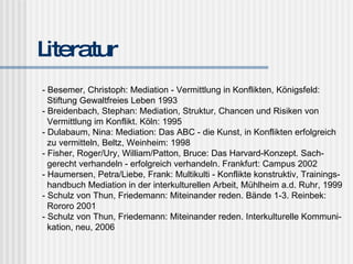 Literatur - Besemer, Christoph: Mediation - Vermittlung in Konflikten, Königsfeld:  Stiftung Gewaltfreies Leben 1993 - Breidenbach, Stephan: Mediation, Struktur, Chancen und Risiken von Vermittlung im Konflikt. Köln: 1995 - Dulabaum, Nina: Mediation: Das ABC - die Kunst, in Konflikten erfolgreich  zu vermitteln, Beltz, Weinheim: 1998 - Fisher, Roger/Ury, William/Patton, Bruce: Das Harvard-Konzept. Sach- gerecht verhandeln - erfolgreich verhandeln. Frankfurt: Campus 2002 - Haumersen, Petra/Liebe, Frank: Multikulti - Konflikte konstruktiv, Trainings- handbuch Mediation in der interkulturellen Arbeit, Mühlheim a.d. Ruhr, 1999 - Schulz von Thun, Friedemann: Miteinander reden. Bände 1-3. Reinbek: Rororo 2001 - Schulz von Thun, Friedemann: Miteinander reden. Interkulturelle Kommuni- kation, neu, 2006 