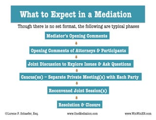 What to Expect in a Mediation
Mediator’s Opening Comments
Opening Comments of Attorneys & Participants
Joint Discussion to Explore Issues & Ask Questions
Caucus(es) – Separate Private Meeting(s) with Each Party
Reconvened Joint Session(s)
Resolution & Closure
Though there is no set format, the following are typical phases
©Lorene F. Schaefer, Esq. www.OneMediation.com www.WinWinHR.com
 