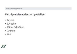 • Layout
• Sprache
• Bilder / Grafiken
• Technik
• Zeit
Verträge nutzenorientiert gestalten
Block A: Berührungspunkte
 