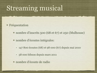 Streaming musical Fréquentation nombre d’inscrits 500 (68 et 67) et 250 (Mulhouse) nombre d’écoutes intégrales: 147 800 écoutes (68) et 98 000 (67) depuis mai 2010 58 000 bibson depuis mars 2011 nombre d’écoute de radio 