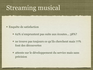 Streaming musical Enquête de satisfaction 62% n'empruntent pas suite aux écoutes... 38%? ne trouve pas toujours ce qu’ils cherchent mais 77% font des découvertes attente sur le développement du service mais sans précision 