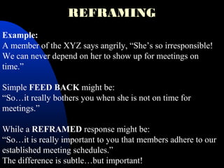 REFRAMING
Example:
A member of the XYZ says angrily, “She’s so irresponsible!
We can never depend on her to show up for meetings on
time.”
Simple FEED BACK might be:
“So…it really bothers you when she is not on time for
meetings.”
While a REFRAMED response might be:
“So…it is really important to you that members adhere to our
established meeting schedules.”
The difference is subtle…but important!
 