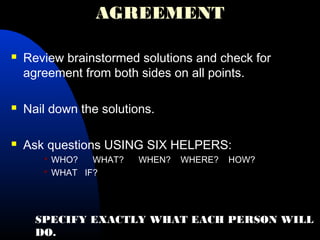AGREEMENT
 Review brainstormed solutions and check for
agreement from both sides on all points.
 Nail down the solutions.
 Ask questions USING SIX HELPERS:
 WHO? WHAT? WHEN? WHERE? HOW?
 WHAT IF?
SPECIFY EXACTLY WHAT EACH PERSON WILL
DO.
 