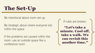 Be intentional about room set up
Be strategic about where everyone sits
within the space
If the problems are caused within the
room, use an outside space like a
conference room
The Set-Up
If rules are broken:
“Let’s take a
minute. Cool off,
take a walk. We
can revisit this
another time.”
 