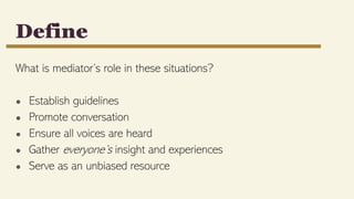 What is mediator’s role in these situations?
● Establish guidelines
● Promote conversation
● Ensure all voices are heard
● Gather everyone’s insight and experiences
● Serve as an unbiased resource
Define
 