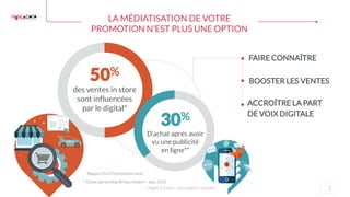 3HighCo Data - document confidentiel
50%
des ventes in store
sont influencées
par le digital*
* Rapport2014 Omnichannel retail
30%
D’achat après avoir
vu une publicité
en ligne**
LA MÉDIATISATION DE VOTRE
PROMOTION N’EST PLUS UNE OPTION
FAIRE CONNAÎTRE
BOOSTER LES VENTES
ACCROÎTRE LA PART
DE VOIX DIGITALE
** Etude OpinionWay Wincor Nixdorf– Sept. 2015
 